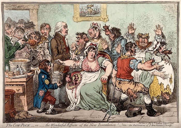 Edward Jenner vaccinating patients with cowbox, who then take on the features of cows, by James Gillray, 1802. Wellcome Collection. Public Domain.