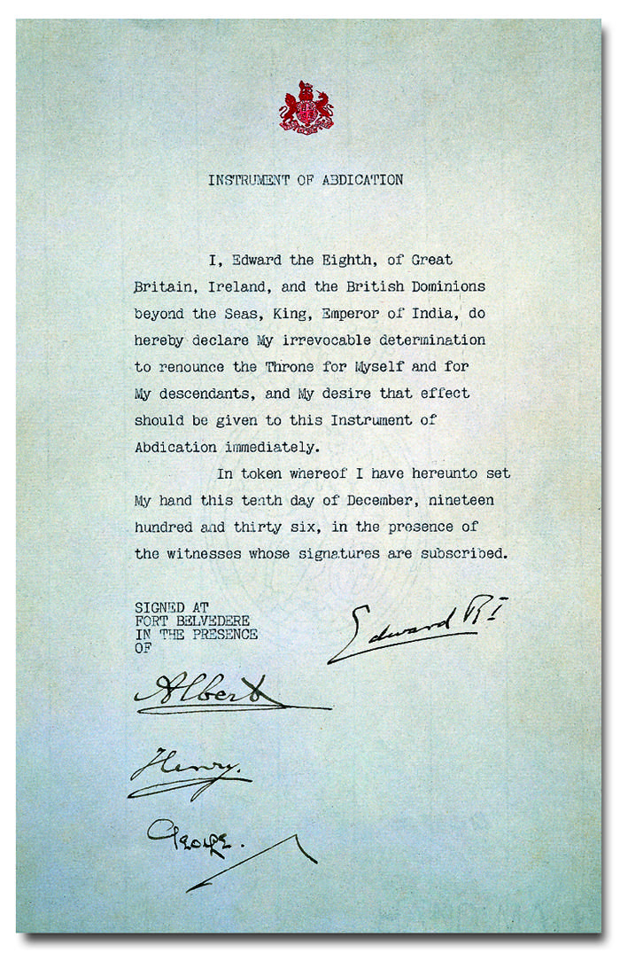 Edward VIII's signed instrument of abdication, 10 December 1936. National Archives. Public Domain.