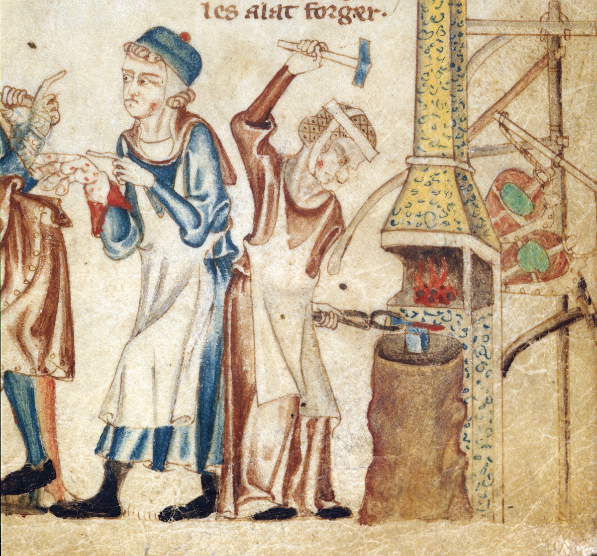 A woman working a nail on the anvil, from the Holkham Bible, England, c.1330. British Museum/Bridgeman Images. A woman working a nail on the anvil, from the Holkham Bible, England, c.1330. British Museum/Bridgeman Images.