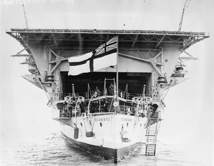 Agence Rol press photograph of HMS Glorious viewed from the bows, c. 1930.