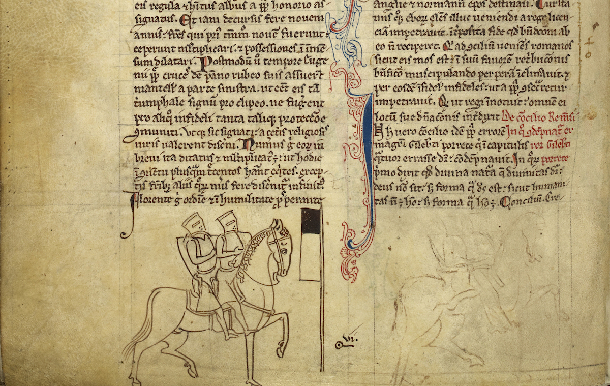 Two Templar Knights on one horse, symbol of the Knights Templar, illustration from Matthew Paris' 'Historia Anglorum', 1250-54. © British Library Board. All Rights Reserved/Bridgeman Images. Two Templar Knights on one horse, symbol of the Knights Templar, illustration from Matthew Paris' 'Historia Anglorum', 1250-54. © British Library Board. All Rights Reserved/Bridgeman Images.