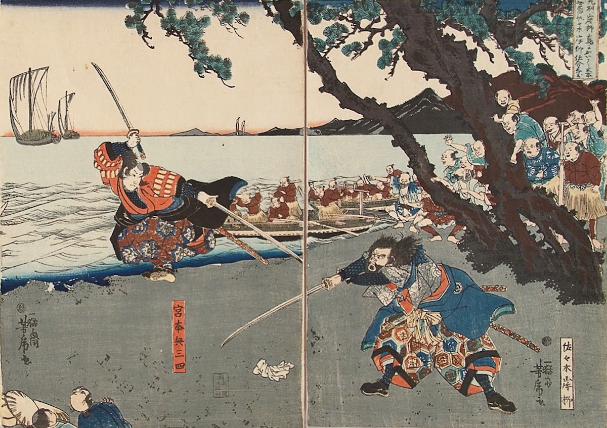 Miyamoto Musashi duelling Sasaki Kojiro, by Yoshitori Utagawa, 1843-47. Private Collection. Public Domain. Miyamoto Musashi duelling Sasaki Kojiro, by Yoshitori Utagawa, 1843-47. Private Collection. Public Domain.