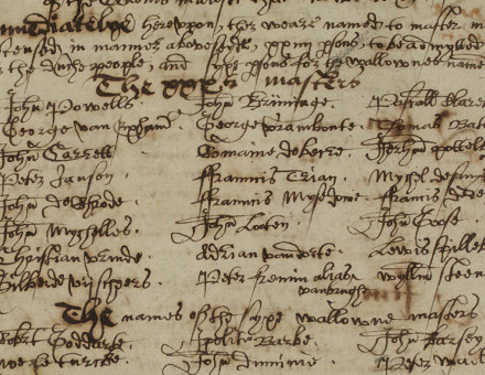 Strangers welcome: the initial invitation to 24 Dutch (beginning with John Powells) and, beneath them, six Walloon masters (beginning with Robert Goddarte) to settle in Norwich, 1565.