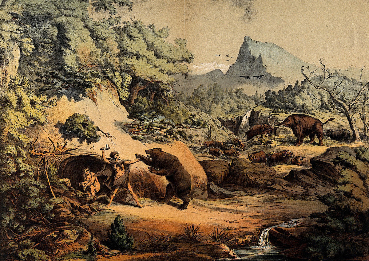 A prehistoric man defends his family from an attacking bear, c. 1840-1900. Wellcome Collection. Public Domain. A prehistoric man defends his family from an attacking bear, c. 1840-1900. Wellcome Collection. Public Domain.