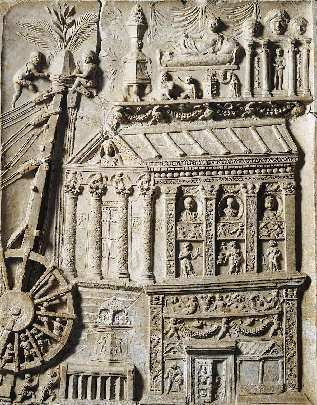 Relief showing the construction of a building using a crane, from the tomb of the Haterii, Rome, first century AD. Universal Art Archive/Alamy Stock Photo. Relief showing the construction of a building using a crane, from the tomb of the Haterii, Rome, first century AD. Universal Art Archive/Alamy Stock Photo.
