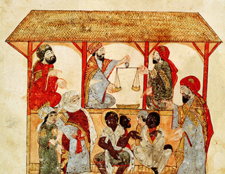 The king’s property: a slave  market, by Yahya ibn Al-Wasiti  from Al Maqamat, ‘The Meetings’,  by Al-Hariri, 13th-century Iraq. Ms Ar 5847 f.105  © Bibliothèque Nationale/Bridgeman Images.
