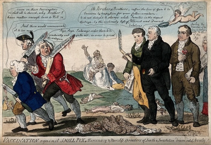 Edward Jenner and his colleagues see off their critics, by Isaac Cruikshank, c. 1808. Wellcome Collection. Public Domain.