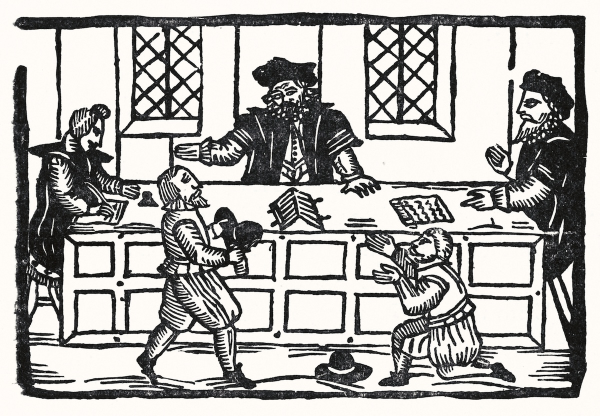 Woodcut illustration from the Roxburghe Ballads showing a man pleading before a lawyer or magistrate, early 17th century. Bridgeman Images. Woodcut illustration from the Roxburghe Ballads showing a man pleading before a lawyer or magistrate, early 17th century. Bridgeman Images.