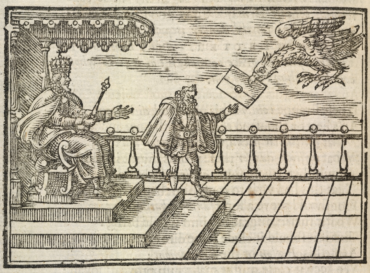 A symbolic eagle brings a note concerning treason, possibly relating to the Gunpowder Plot of 1605, from Mischeefes mysterie London 1617, 1641. British Library/Bridgeman Images. A symbolic eagle brings a note concerning treason, possibly relating to the Gunpowder Plot of 1605, from Mischeefes mysterie London 1617, 1641. British Library/Bridgeman Images.