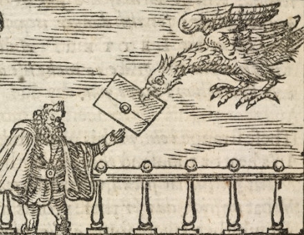 A symbolic eagle brings a note concerning treason, possibly relating to the Gunpowder Plot of 1605, from Mischeefes mysterie London 1617, 1641. British Library/Bridgeman Images.