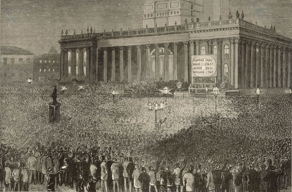 Declaration of the result of the 1880 general election poll at Leeds Town Hall, in which Gladstone’s Liberals have a majority, illustration for The Graphic, 10 April 1880. Look and Learn / Illustrated Papers Collection / Bridgeman Images. Declaration of the result of the 1880 general election poll at Leeds Town Hall, in which Gladstone’s Liberals have a majority, illustration for The Graphic, 10 April 1880. Look and Learn / Illustrated Papers Collection / Bridgeman Images.