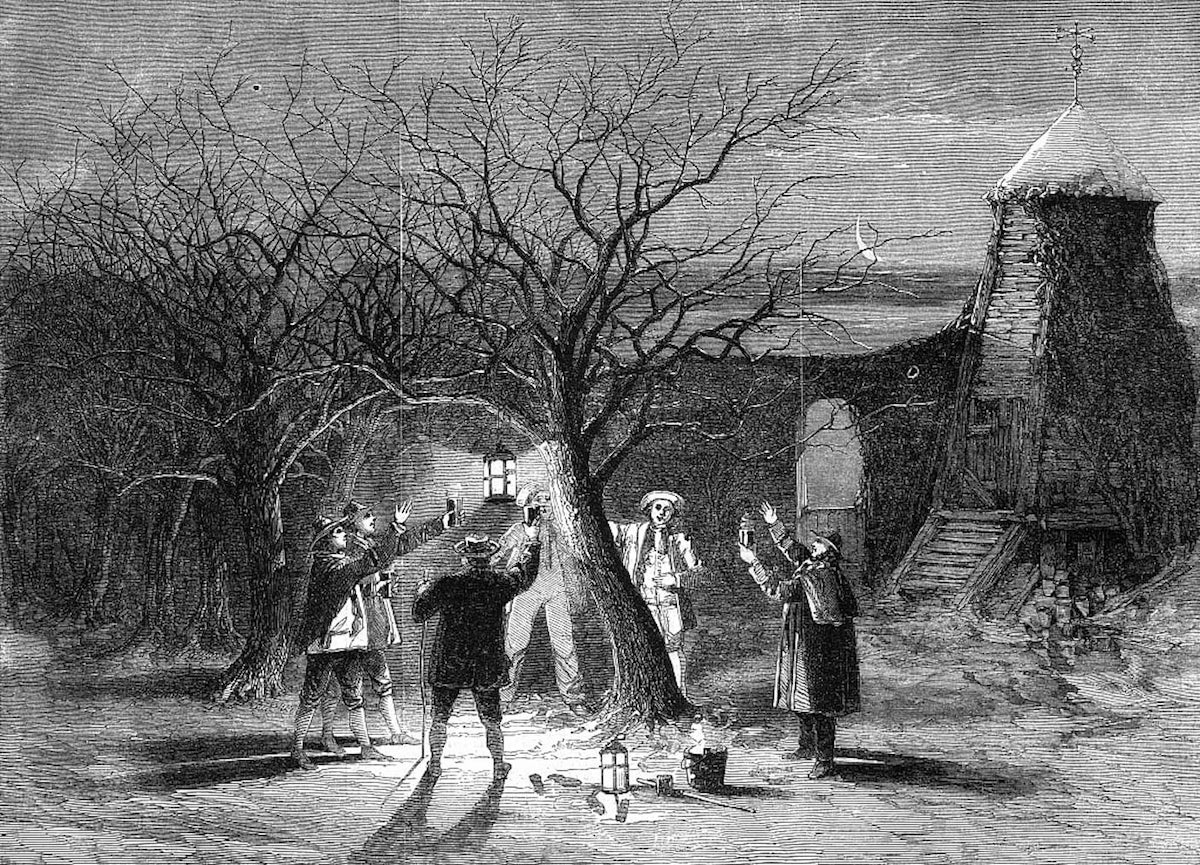 Wassailing apple trees with hot cider on Twelfth Eve, 1861. Chronicle/Alamy Stock Photo. Wassailing apple trees with hot cider on Twelfth Eve, 1861. Chronicle/Alamy Stock Photo.